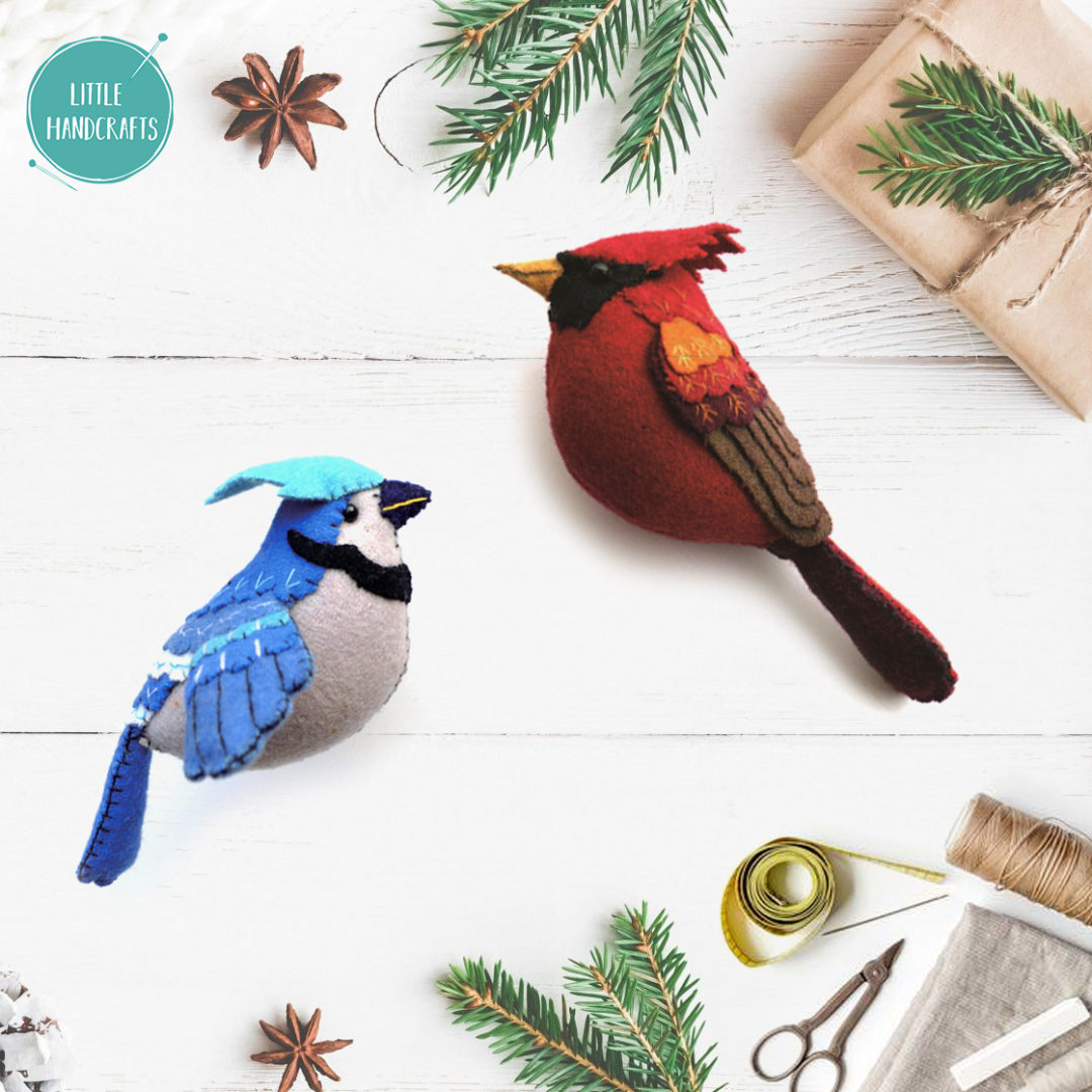 Set of 2 Handmade Bird Ornaments in Felt Applique Little Handcrafts